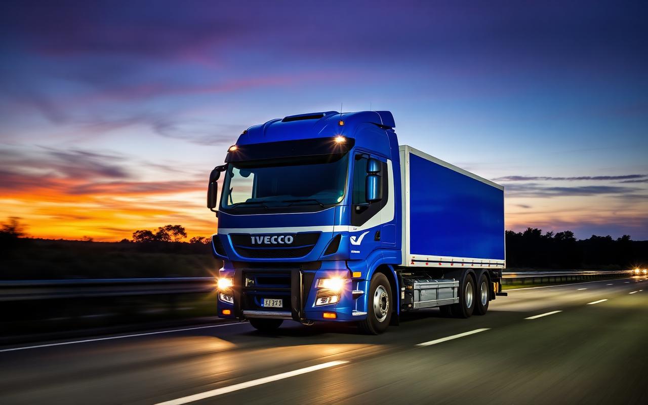 Caminhão Iveco azul em rodovia brasileira ao entardecer